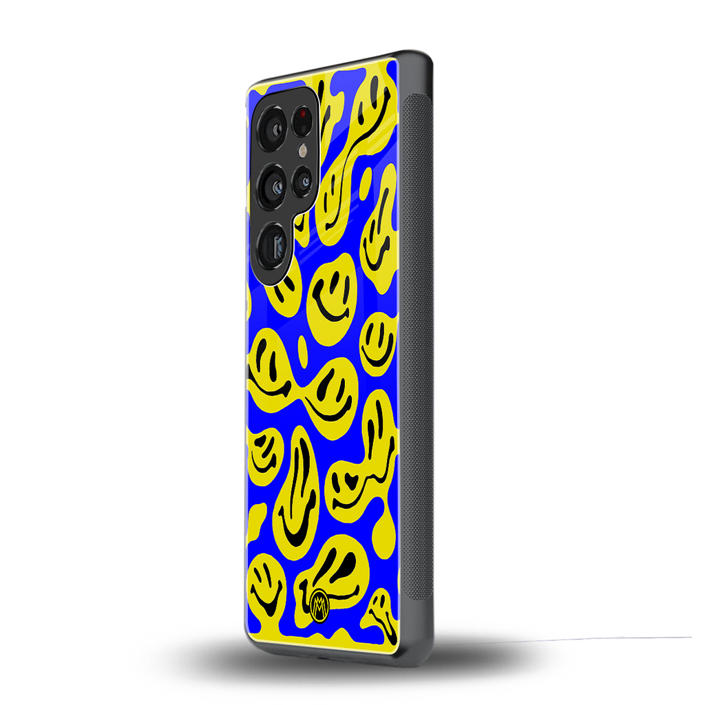 acid smiles yellow blue back phone cover | glass case for samsung galaxy s25 ultra