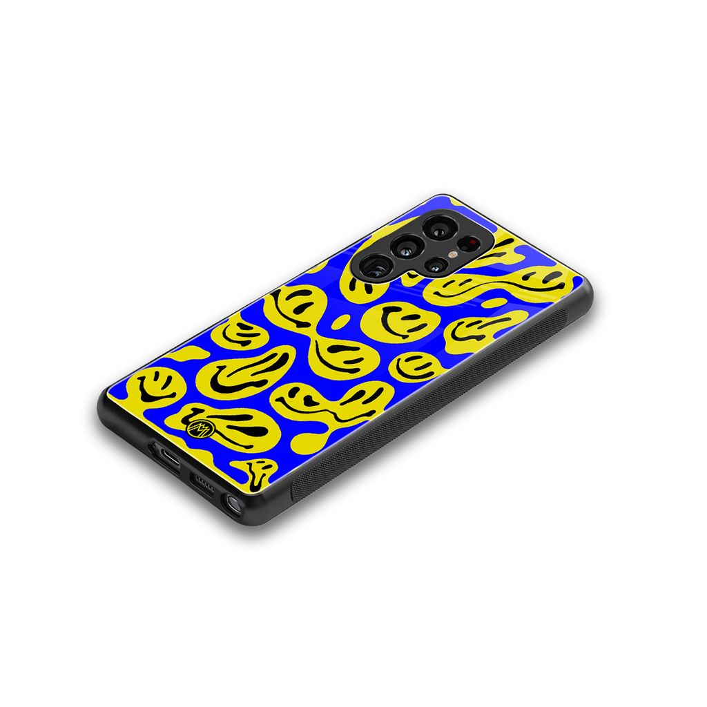 acid smiles yellow blue back phone cover | glass case for samsung galaxy s25 ultra