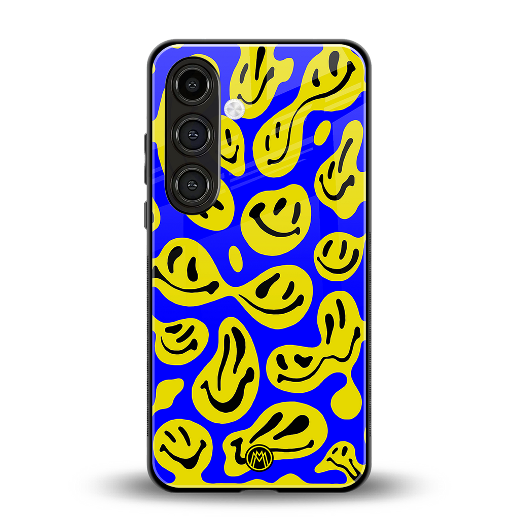 acid smiles yellow blue back phone cover | glass case for samsung galaxy s23
