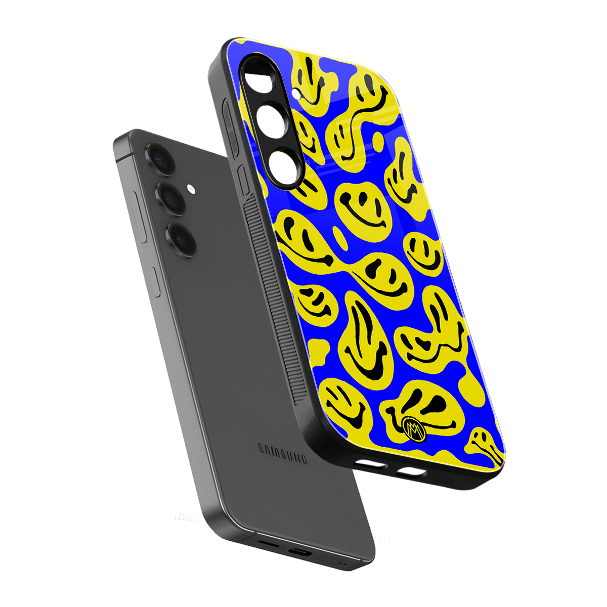 acid smiles yellow blue back phone cover | glass case for samsung galaxy s24