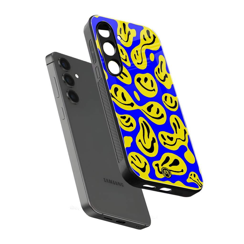 acid smiles yellow blue back phone cover | glass case for samsung galaxy s24 fe