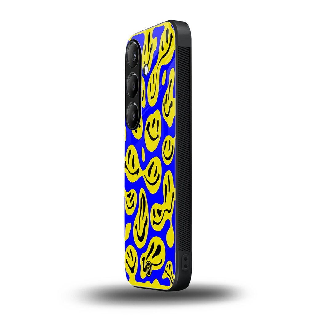 acid smiles yellow blue back phone cover | glass case for samsung galaxy s25 plus