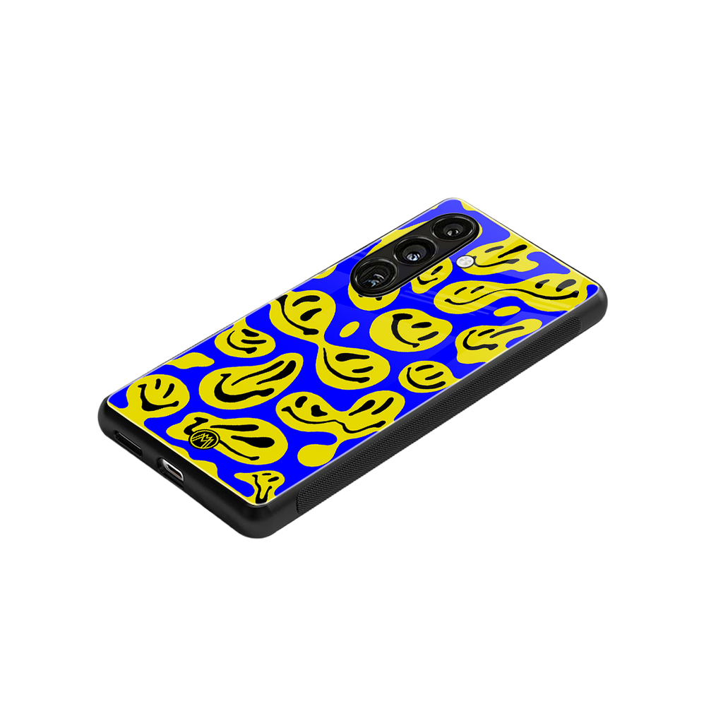 acid smiles yellow blue back phone cover | glass case for samsung galaxy s24 plus