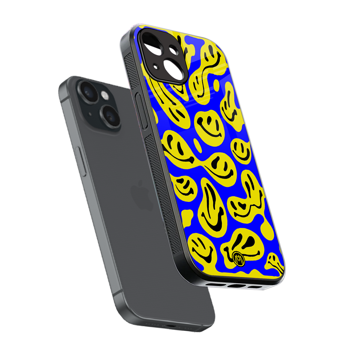 acid smiles yellow blue back phone cover | glass case for iphone 15