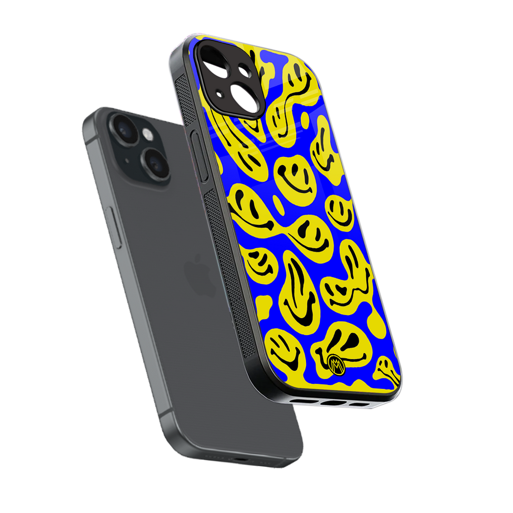 acid smiles yellow blue back phone cover | glass case for iphone 14