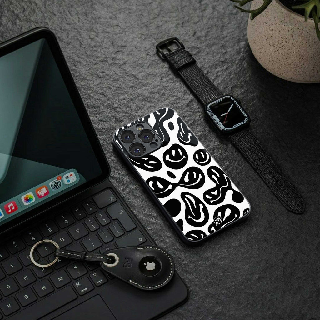 acid smiles bw back phone cover | glass case for iphone 14 plus