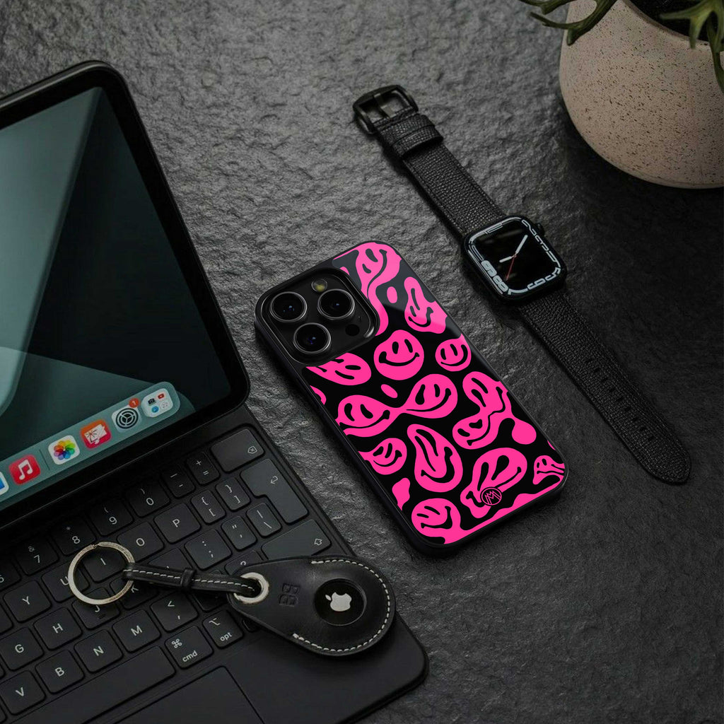 acid smiles black pink back phone cover | glass case for samsung galaxy s23 ultra