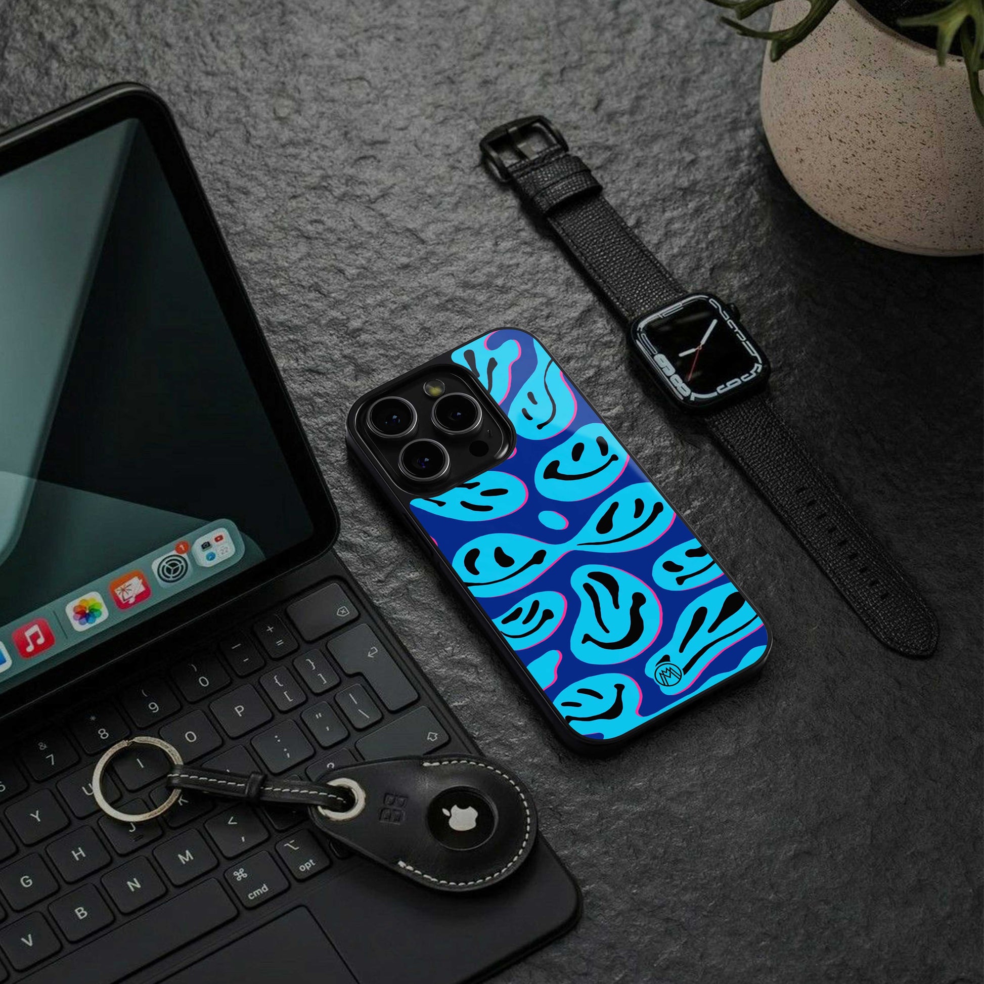 acid smiles blueberry edition back phone cover | glass case for iphone 13 mini