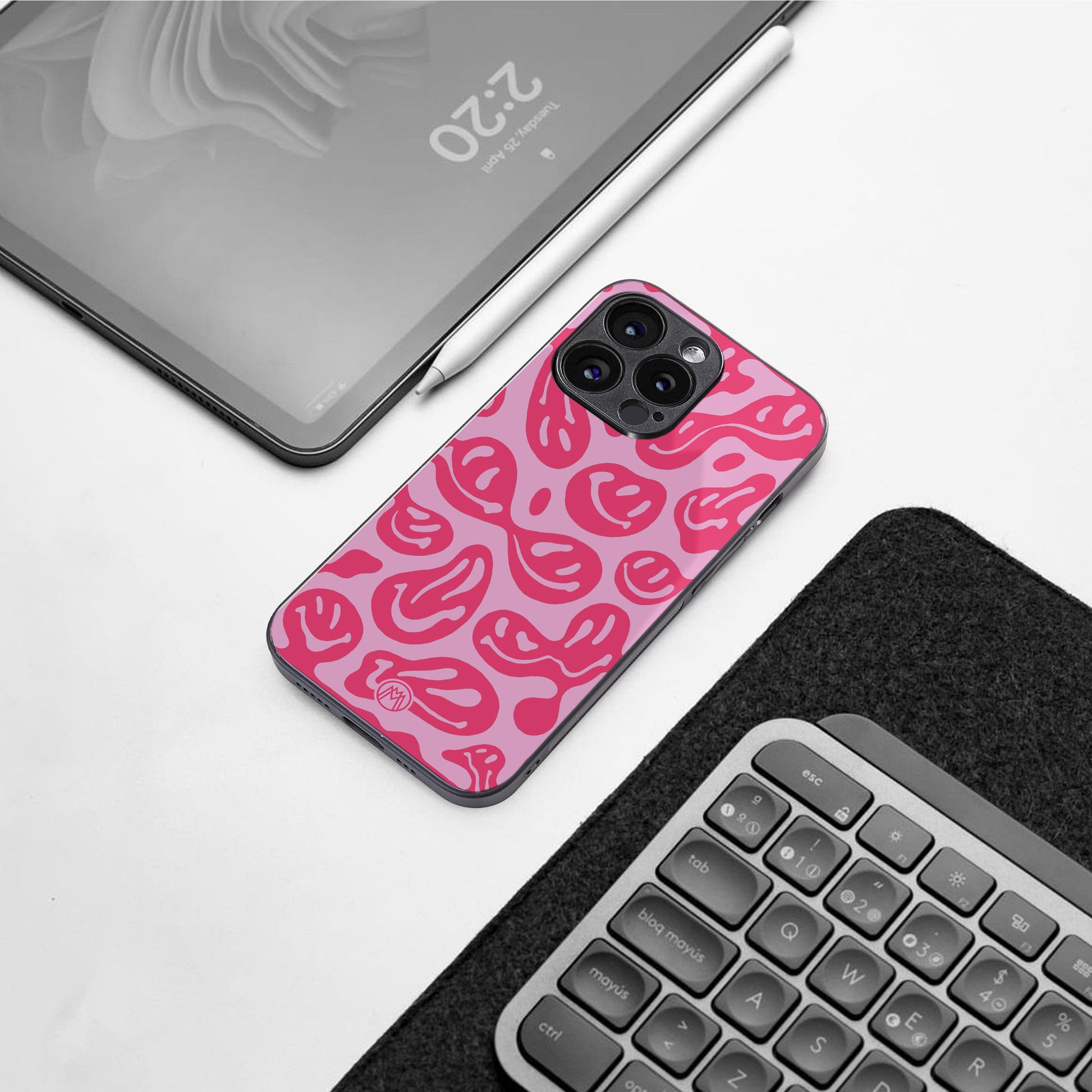 acid smiles bubblegum pink edition back phone cover | glass case for iphone 16 pro max