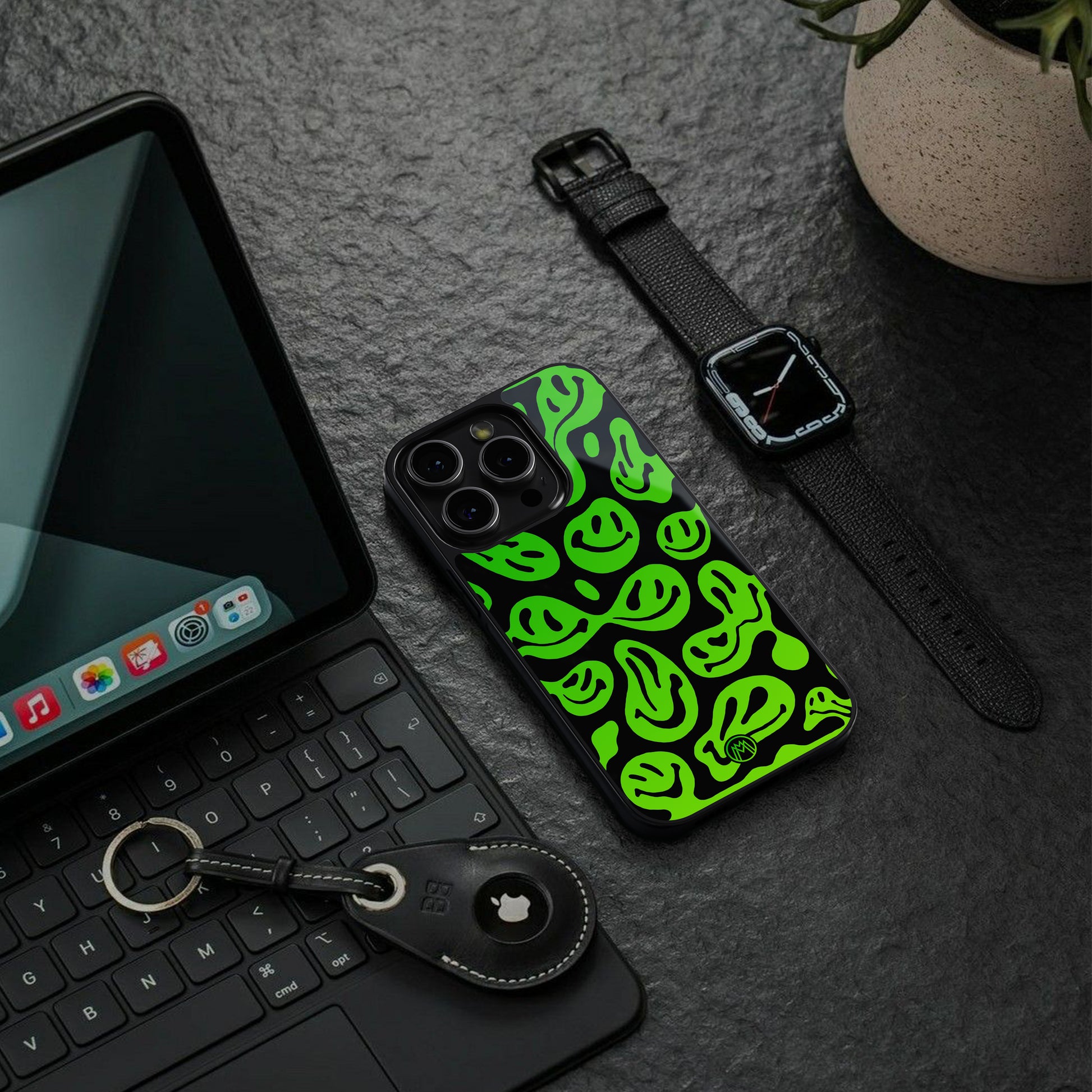 acid smiles neon green back phone cover | glass case for iphone 16 pro max
