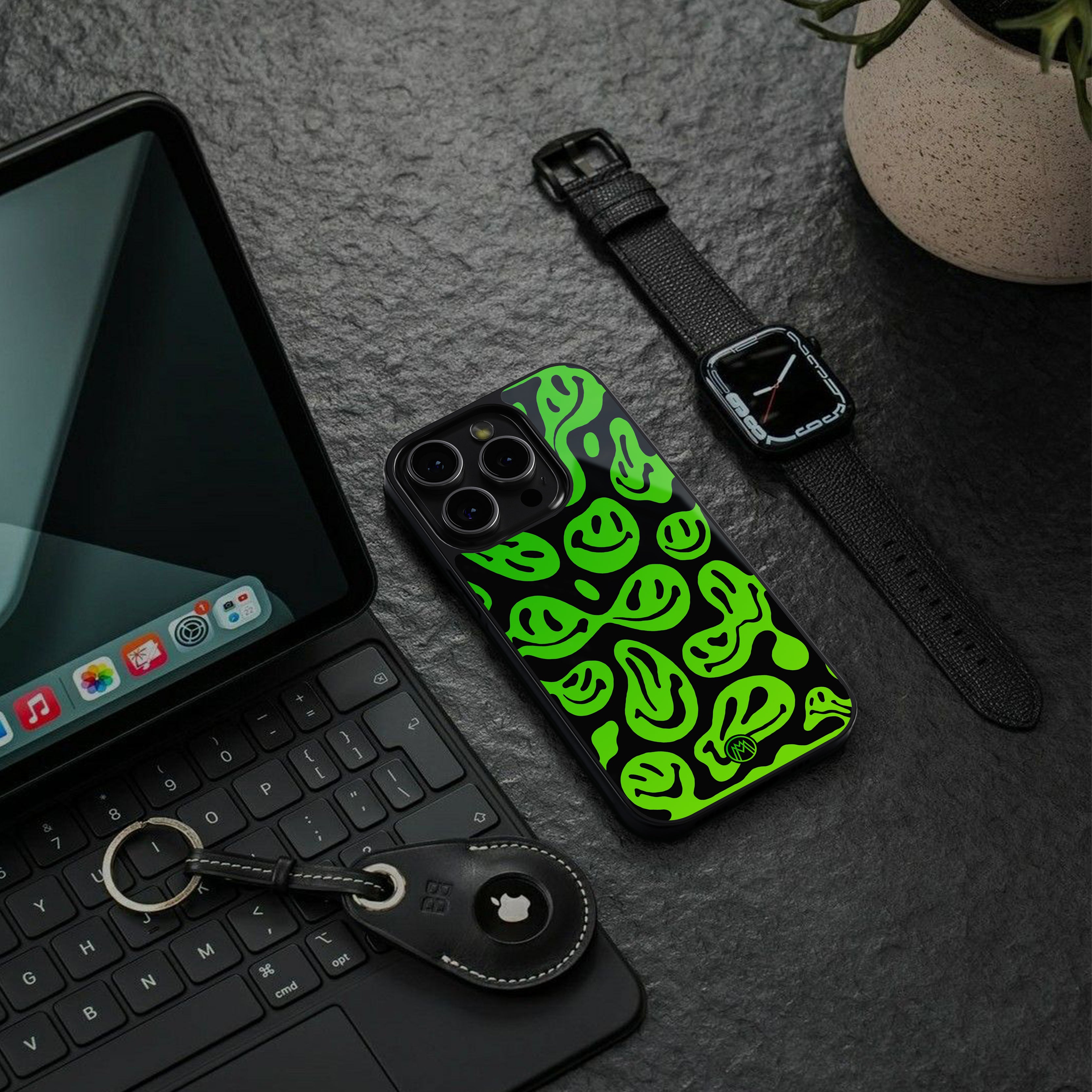 acid smiles neon green back phone cover | glass case for iphone 16 pro max