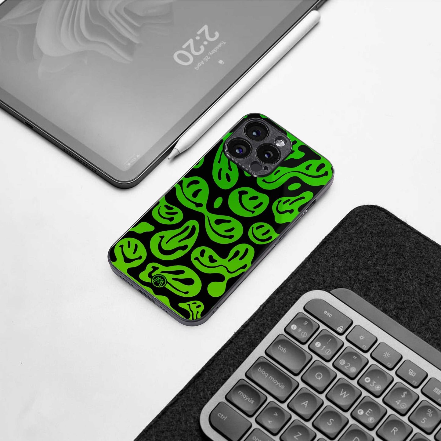 acid smiles neon green back phone cover | glass case for iphone 14