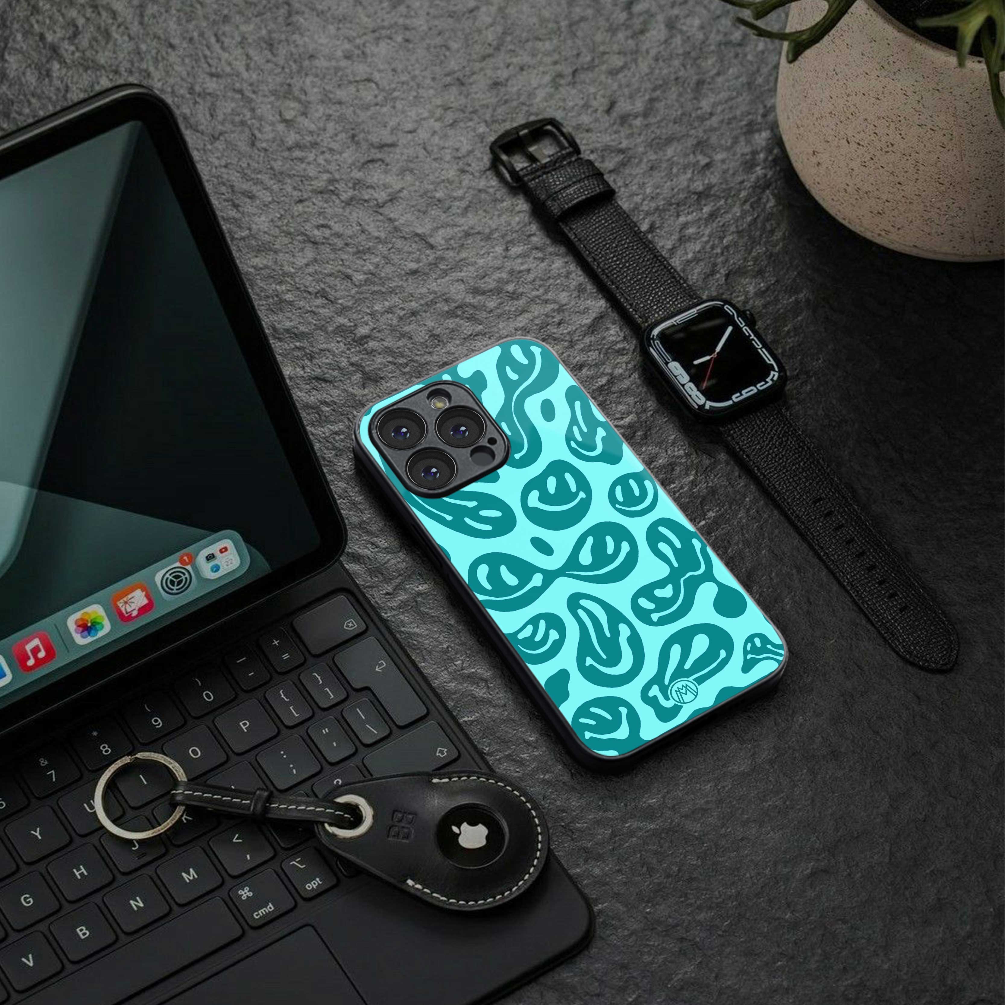 acid smiles turquoise edition back phone cover | glass case for iphone 14
