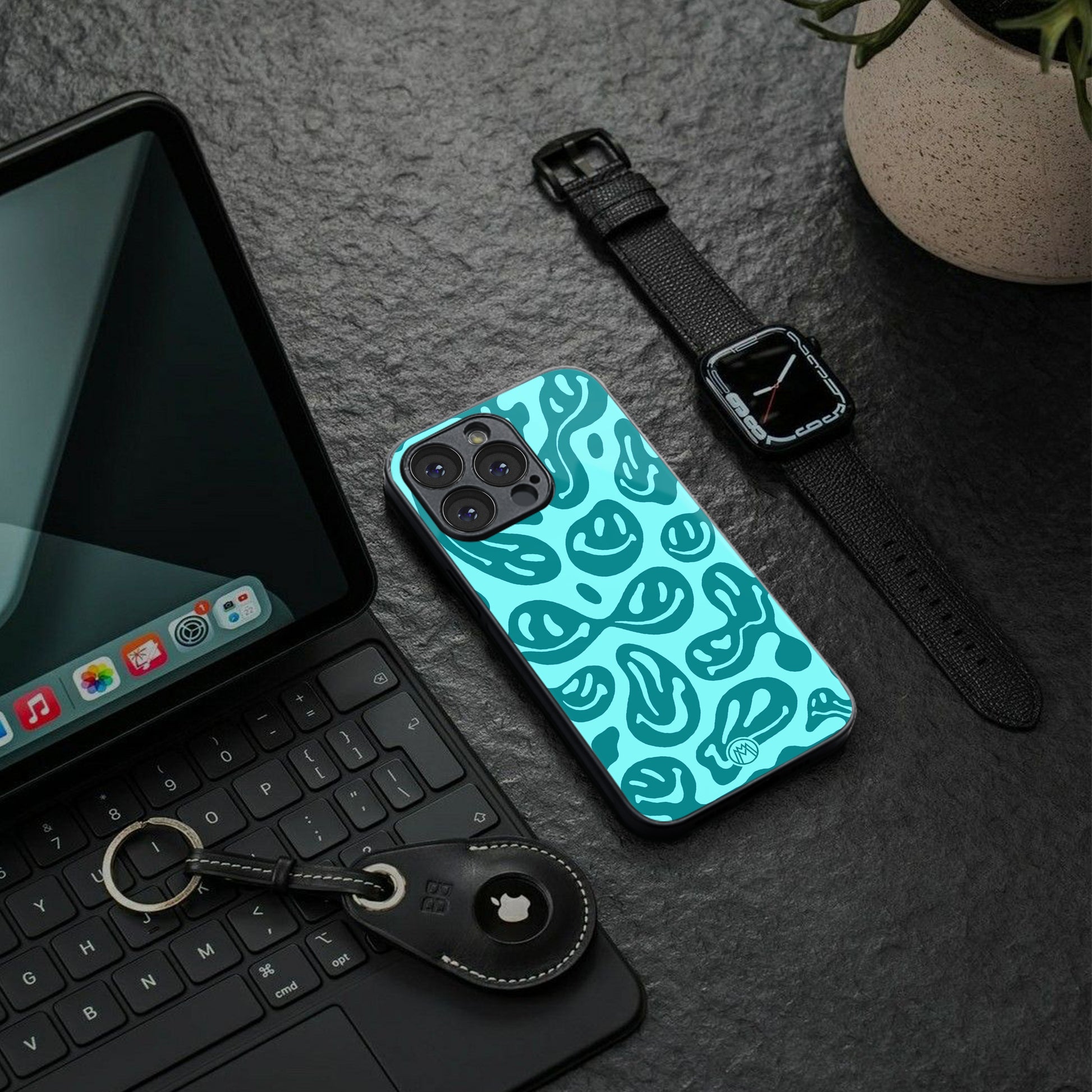 acid smiles turquoise edition back phone cover | glass case for iphone 16 pro max