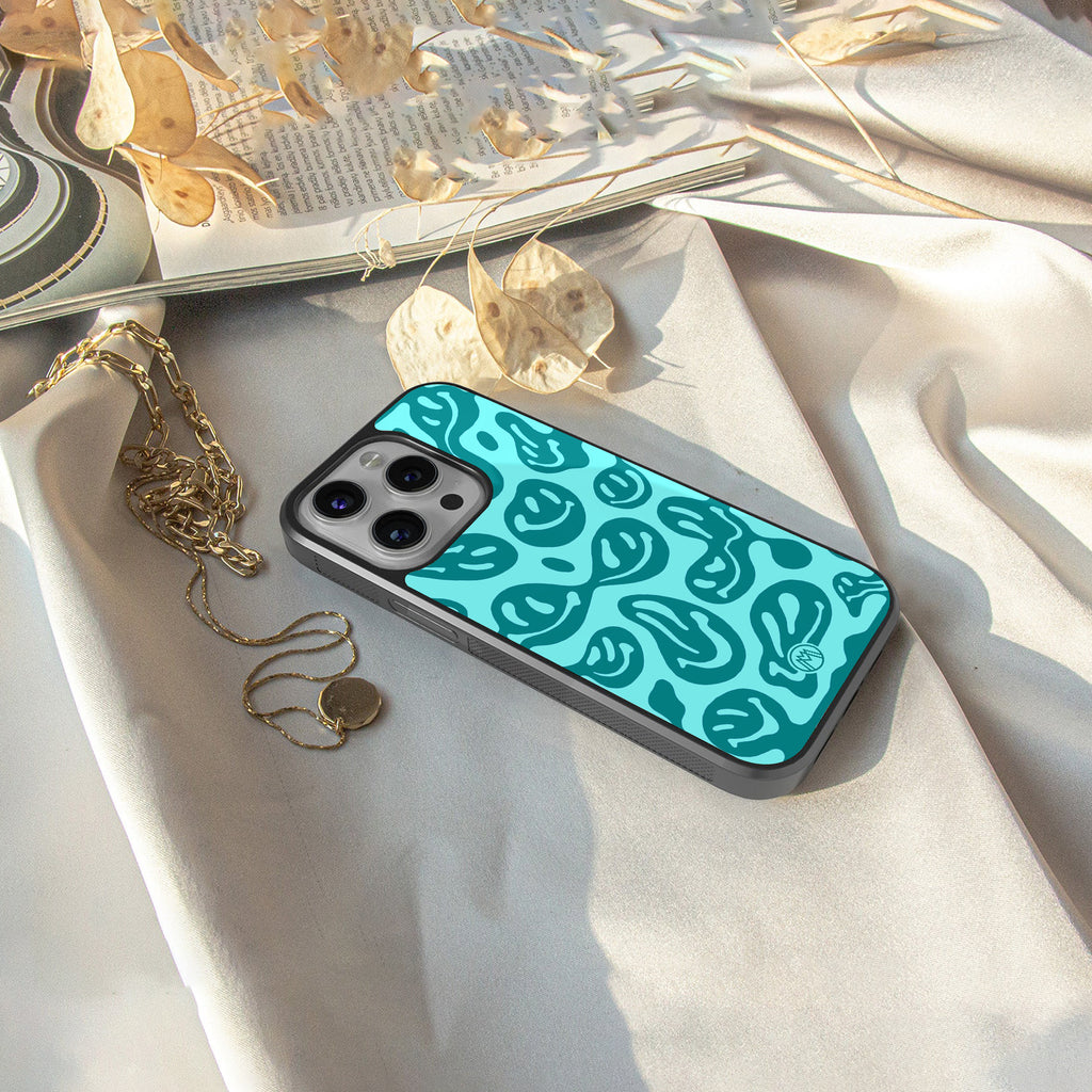 acid smiles turquoise edition back phone cover | glass case for iphone 15 pro