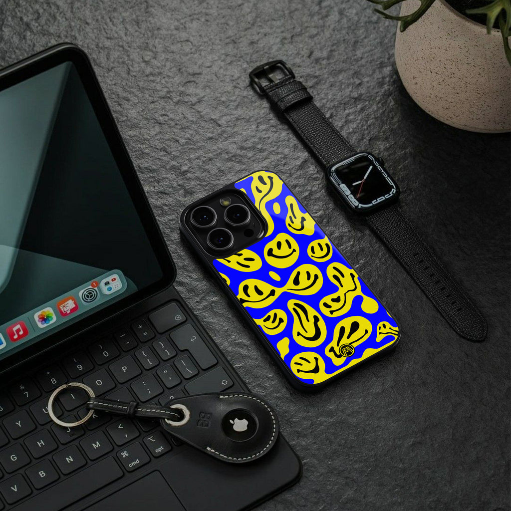 acid smiles yellow blue back phone cover | glass case for iphone 15 plus