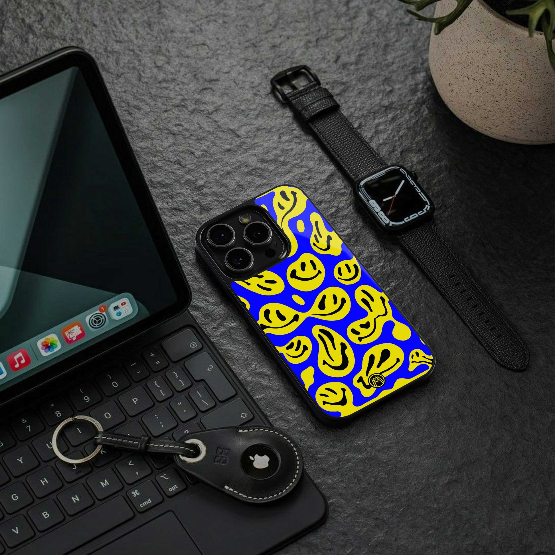 acid smiles yellow blue back phone cover | glass case for samsung galaxy s24 ultra