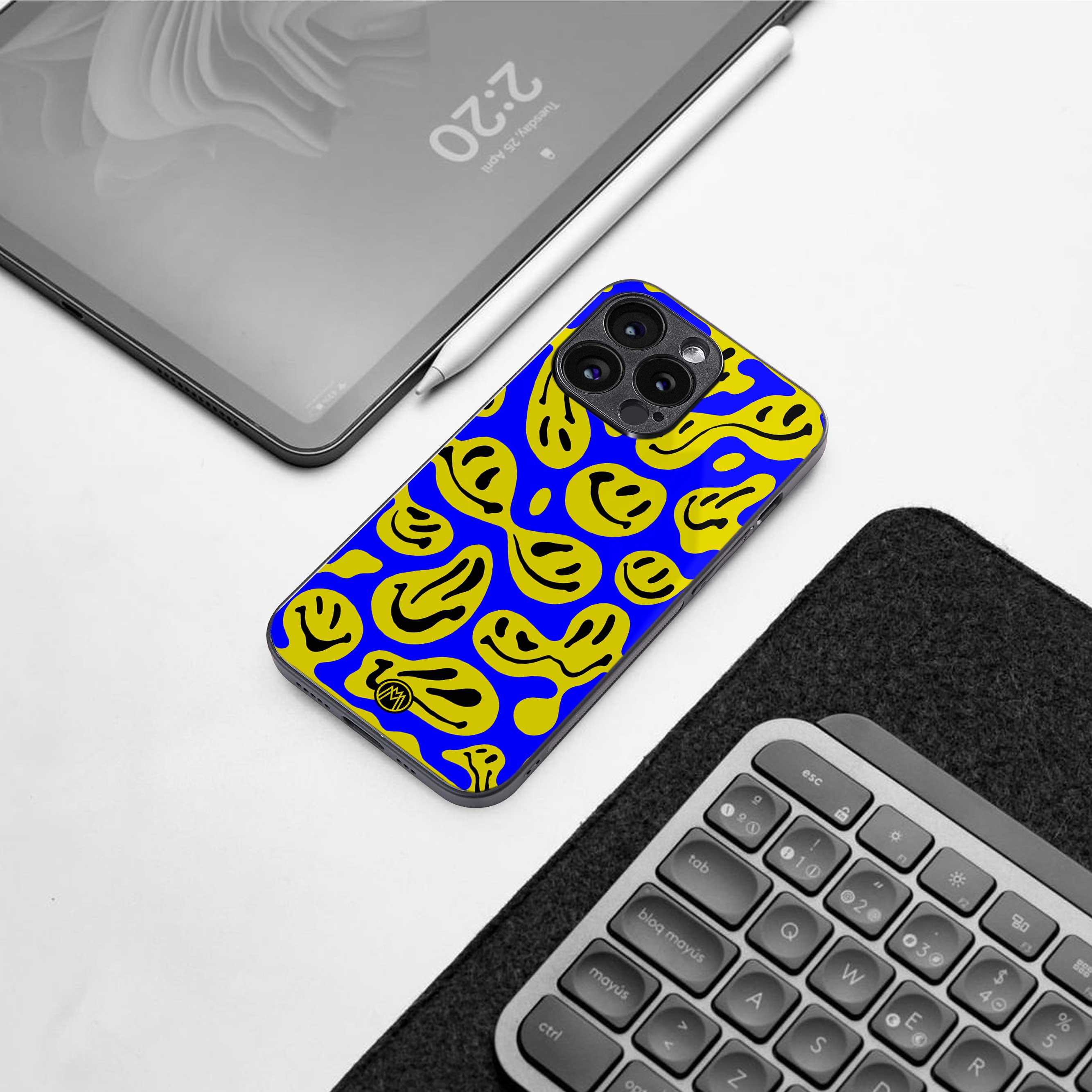 acid smiles yellow blue back phone cover | glass case for iphone 14 pro