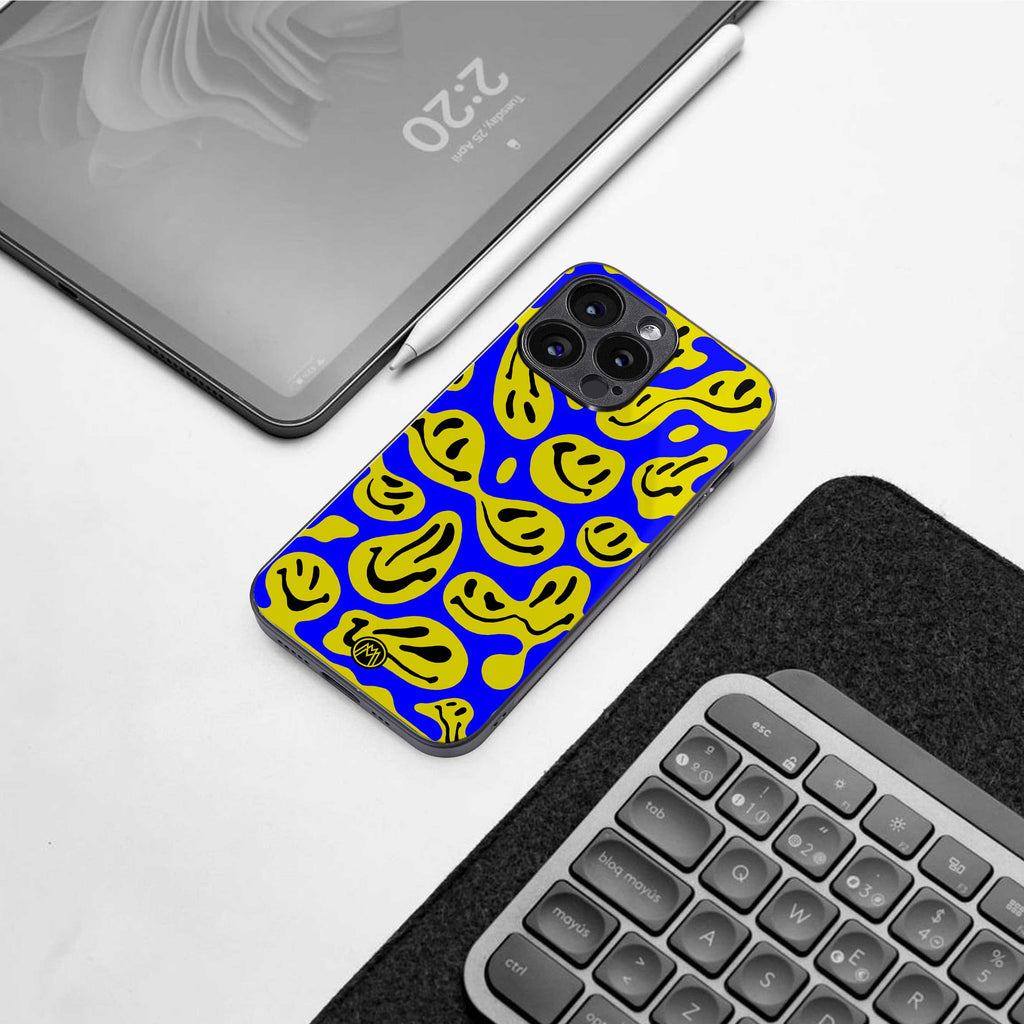 acid smiles yellow blue back phone cover | glass case for oneplus nord ce 4