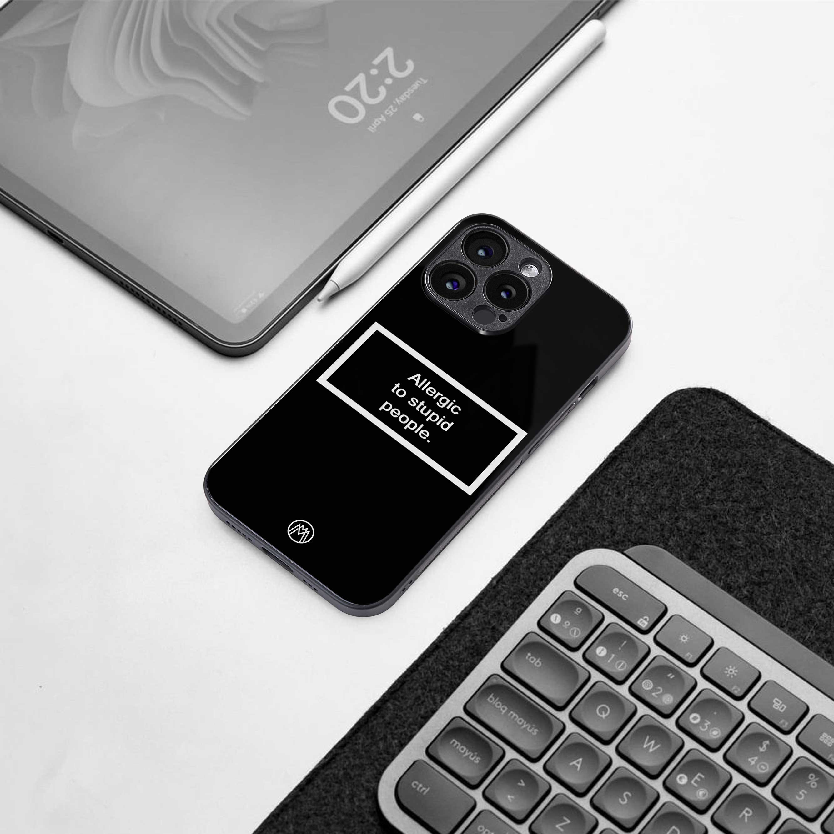 allergic to stupid people black back phone cover | glass case for iphone 14 pro