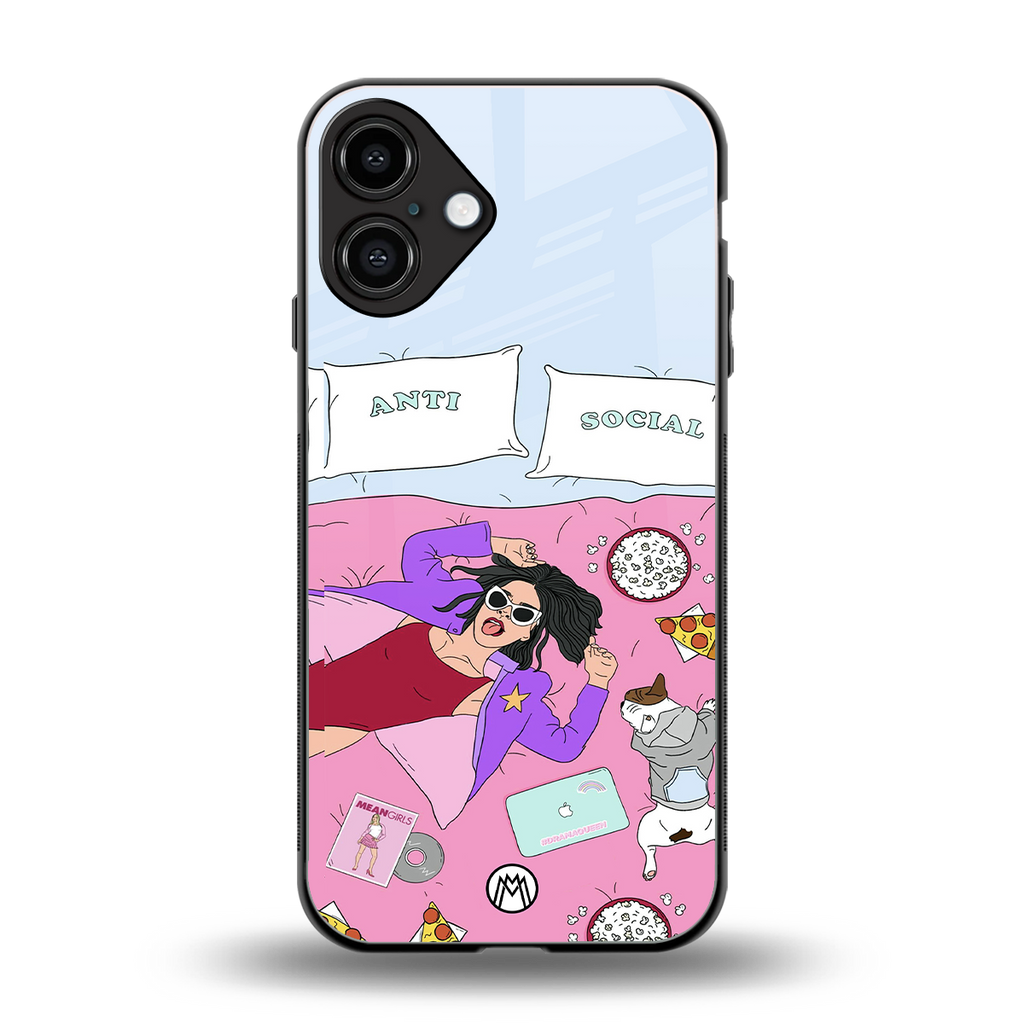 anti social chick girl back phone cover | glass case for iphone 16 plus