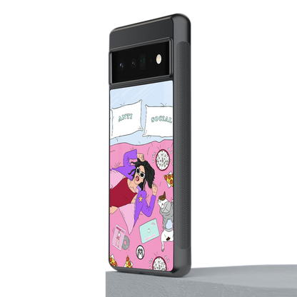 anti social chick girl back phone cover | glass case for google pixel 6 pro