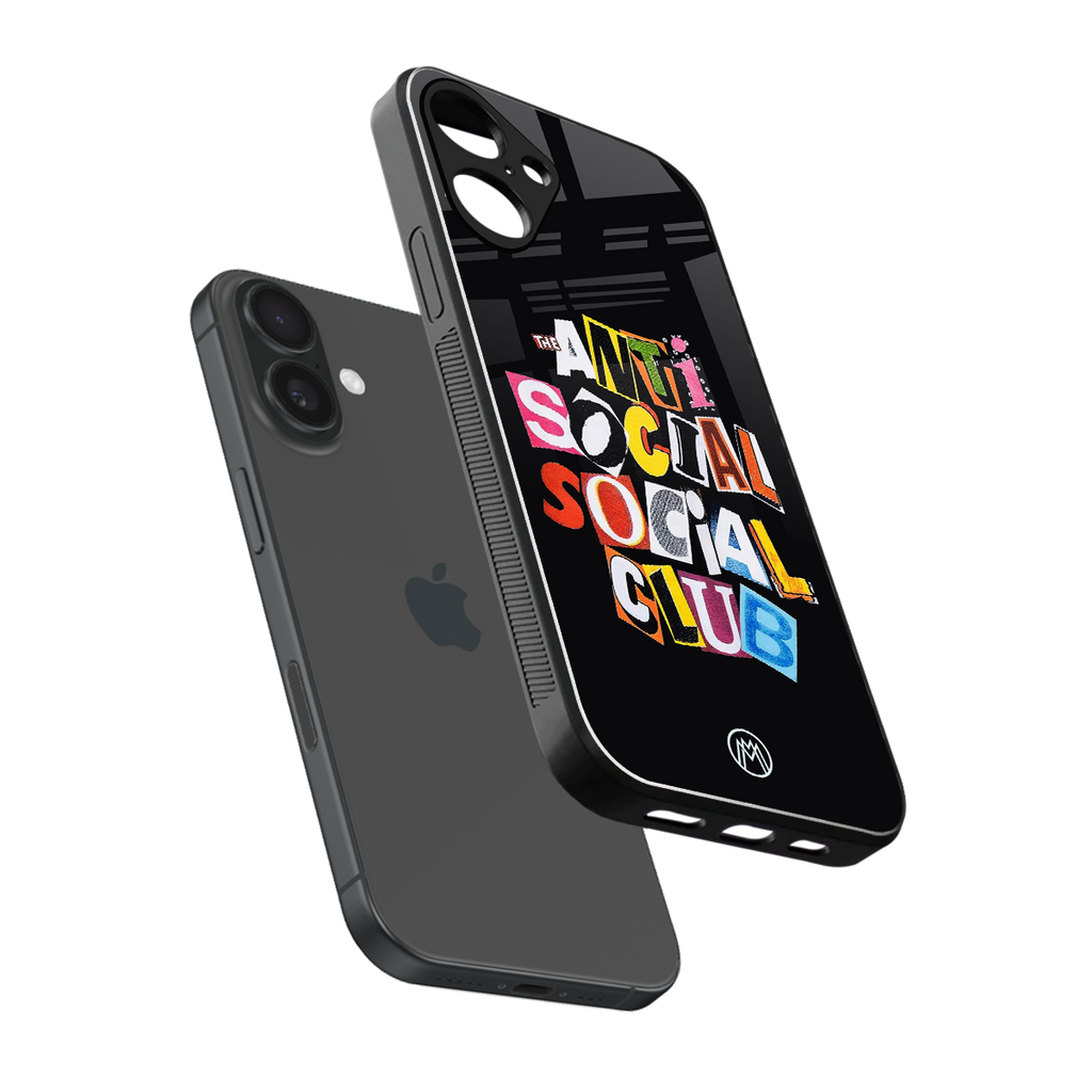 anti social club back phone cover | glass case for iphone 16 plus