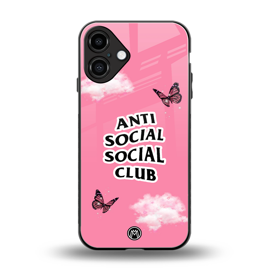 anti social social club pink edition back phone cover | glass case for iphone 16 plus