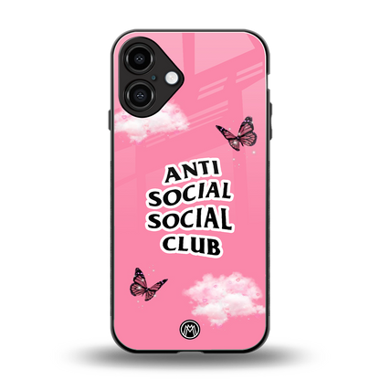 anti social social club pink edition back phone cover | glass case for iphone 16 plus
