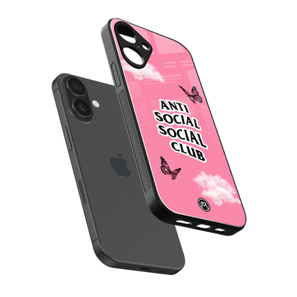 anti social social club pink edition back phone cover | glass case for iphone 16 plus