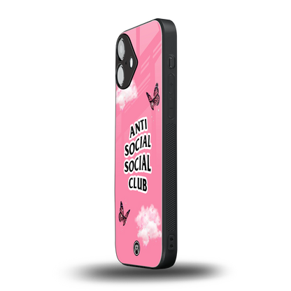 anti social social club pink edition back phone cover | glass case for iphone 16 plus