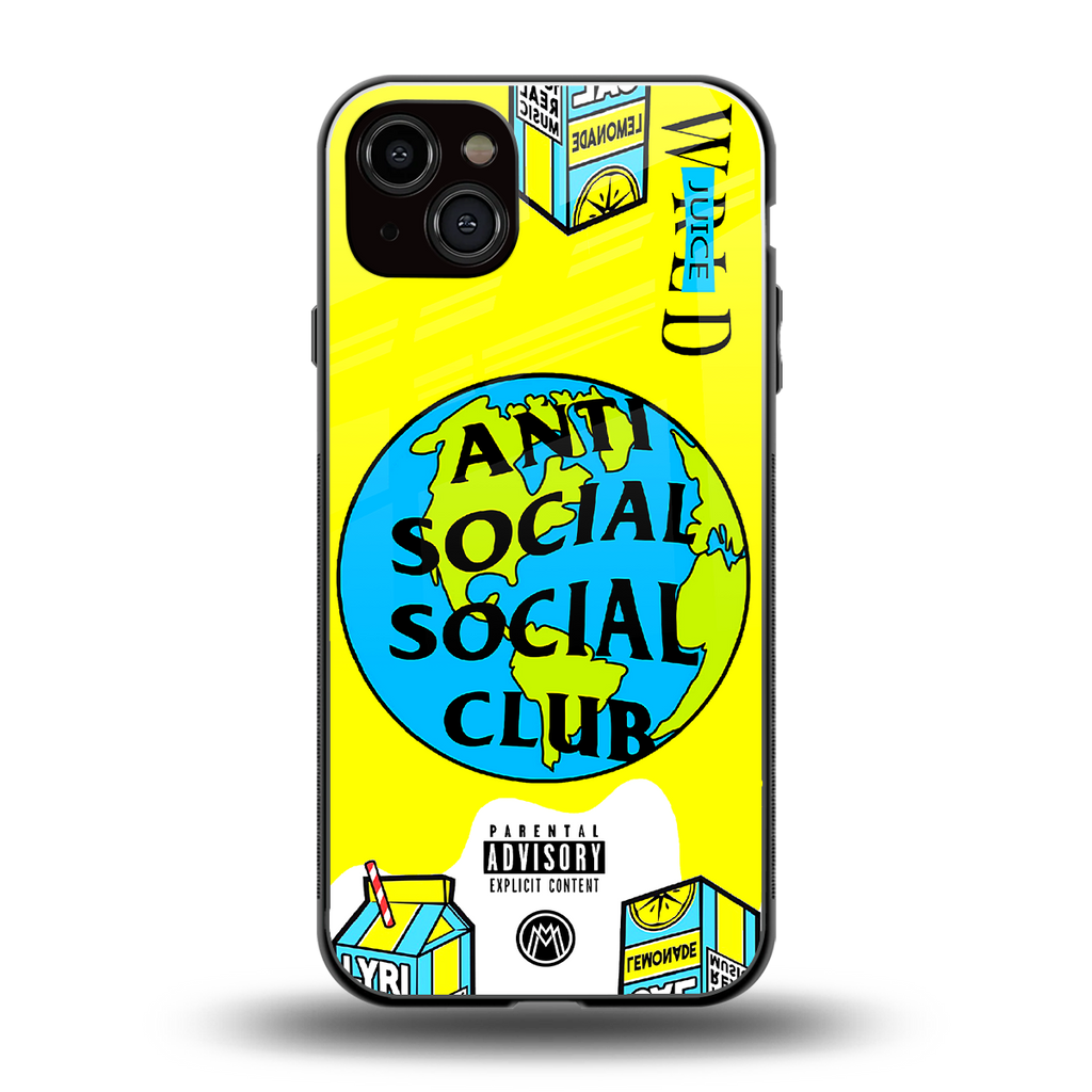 anti social social club x juice wrld back phone cover | glass case for iphone 15 plus