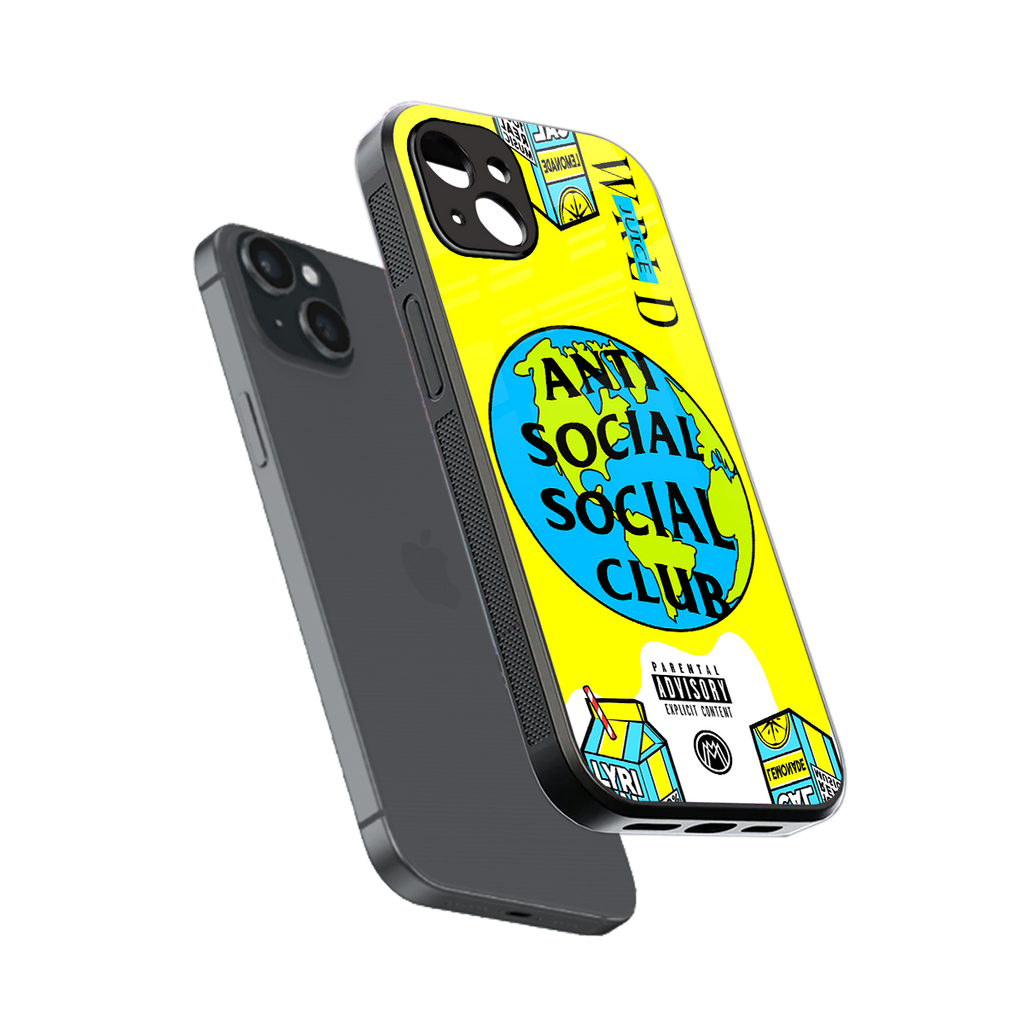 anti social social club x juice wrld back phone cover | glass case for iphone 15 plus