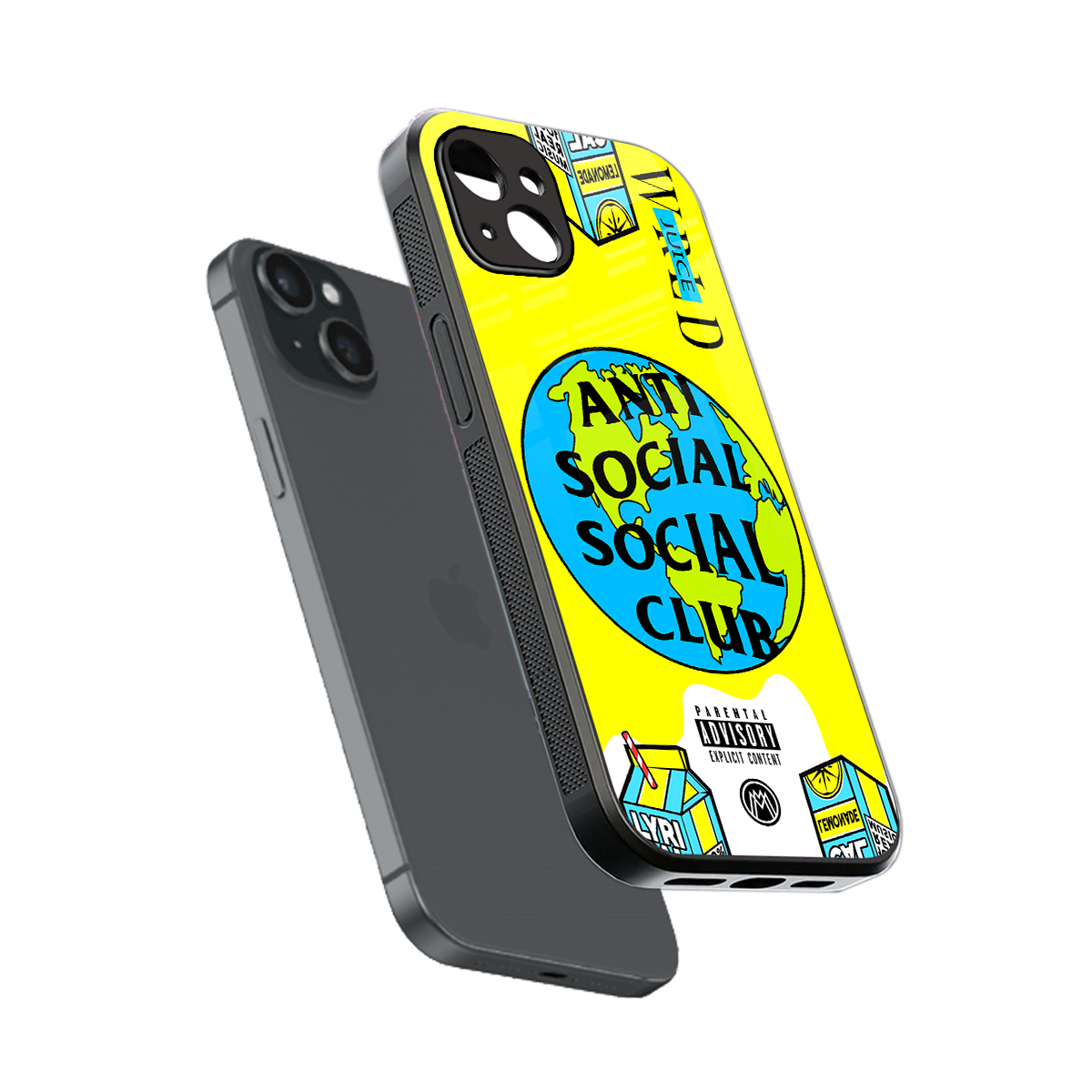 anti social social club x juice wrld back phone cover | glass case for iphone 14 plus