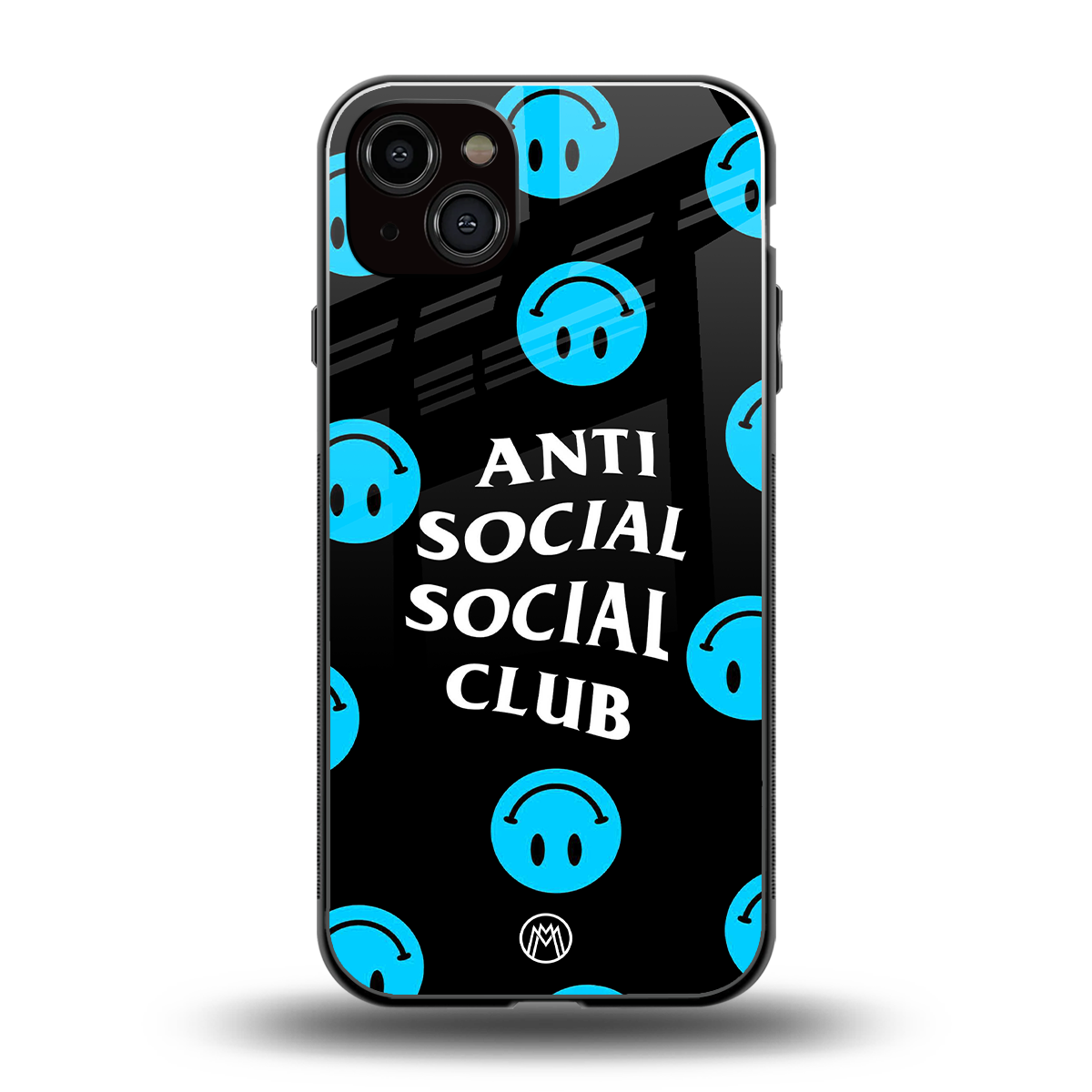 anti social social club x smileys back phone cover | glass case for iphone 15 plus