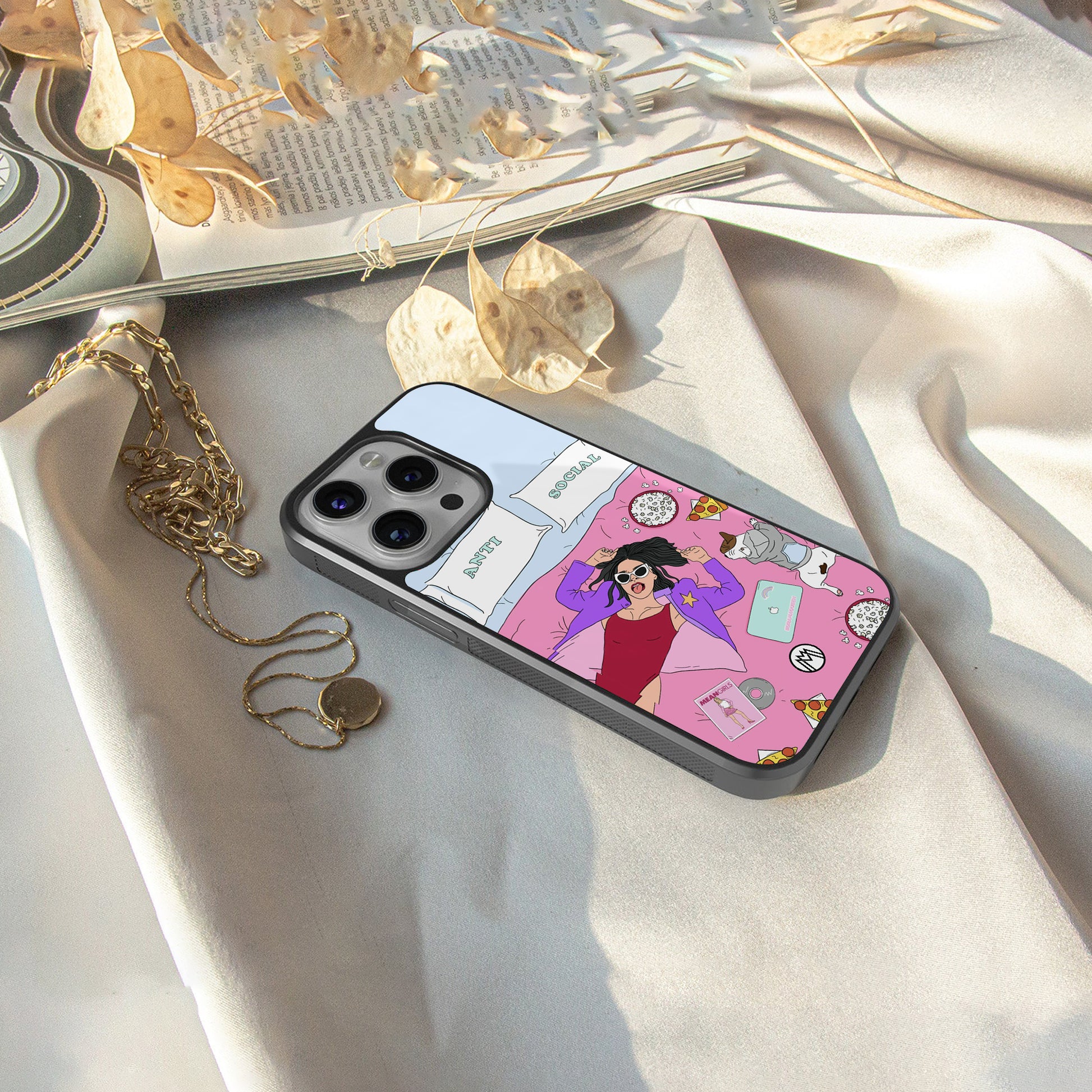 anti social chick girl back phone cover | glass case for iphone 15 pro