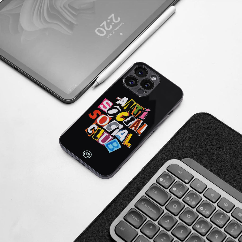 anti social club back phone cover | glass case for iphone 16 plus