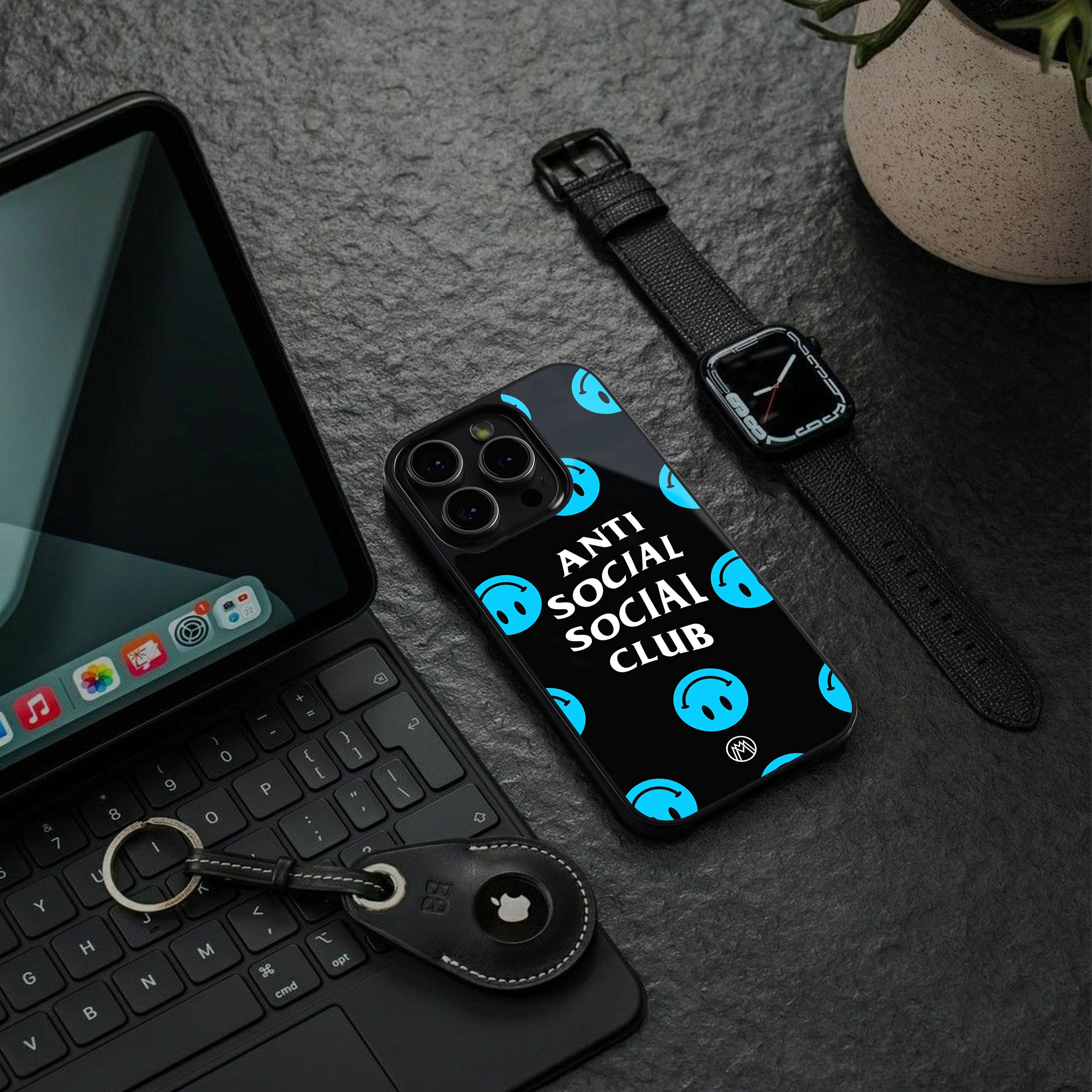anti social social club x smileys back phone cover | glass case for iphone 15 pro max