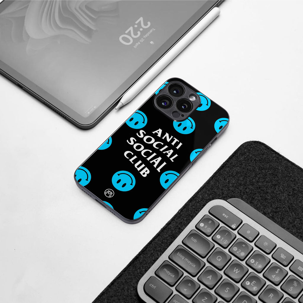 anti social social club x smileys back phone cover | glass case for iphone 15 pro max