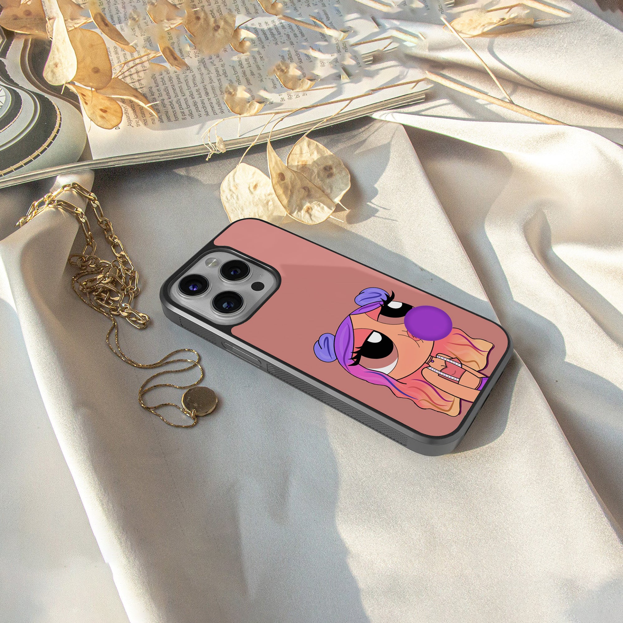 antique purple tote powerpuff girl back phone cover | glass case for iphone 15 pro