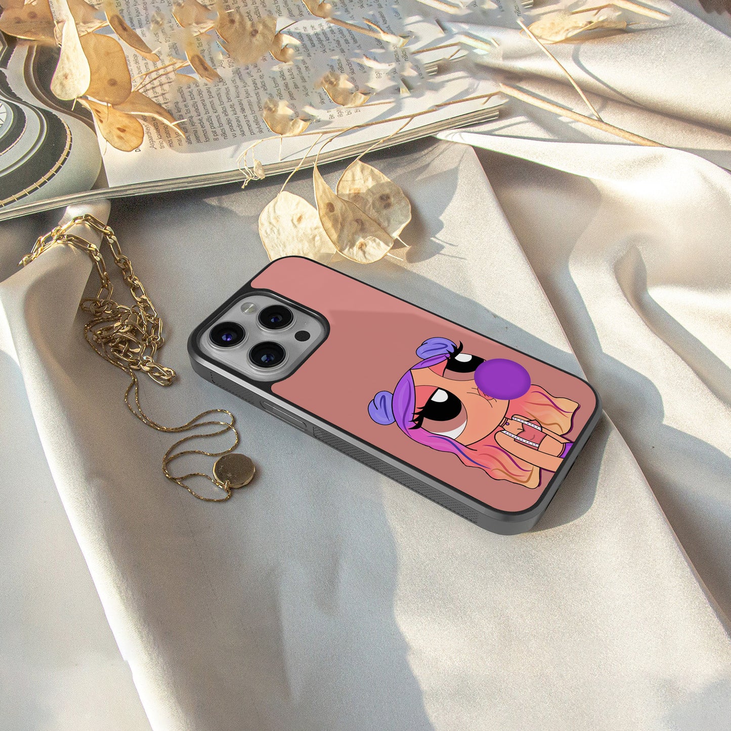 antique purple tote powerpuff girl back phone cover | glass case for iphone 15 plus