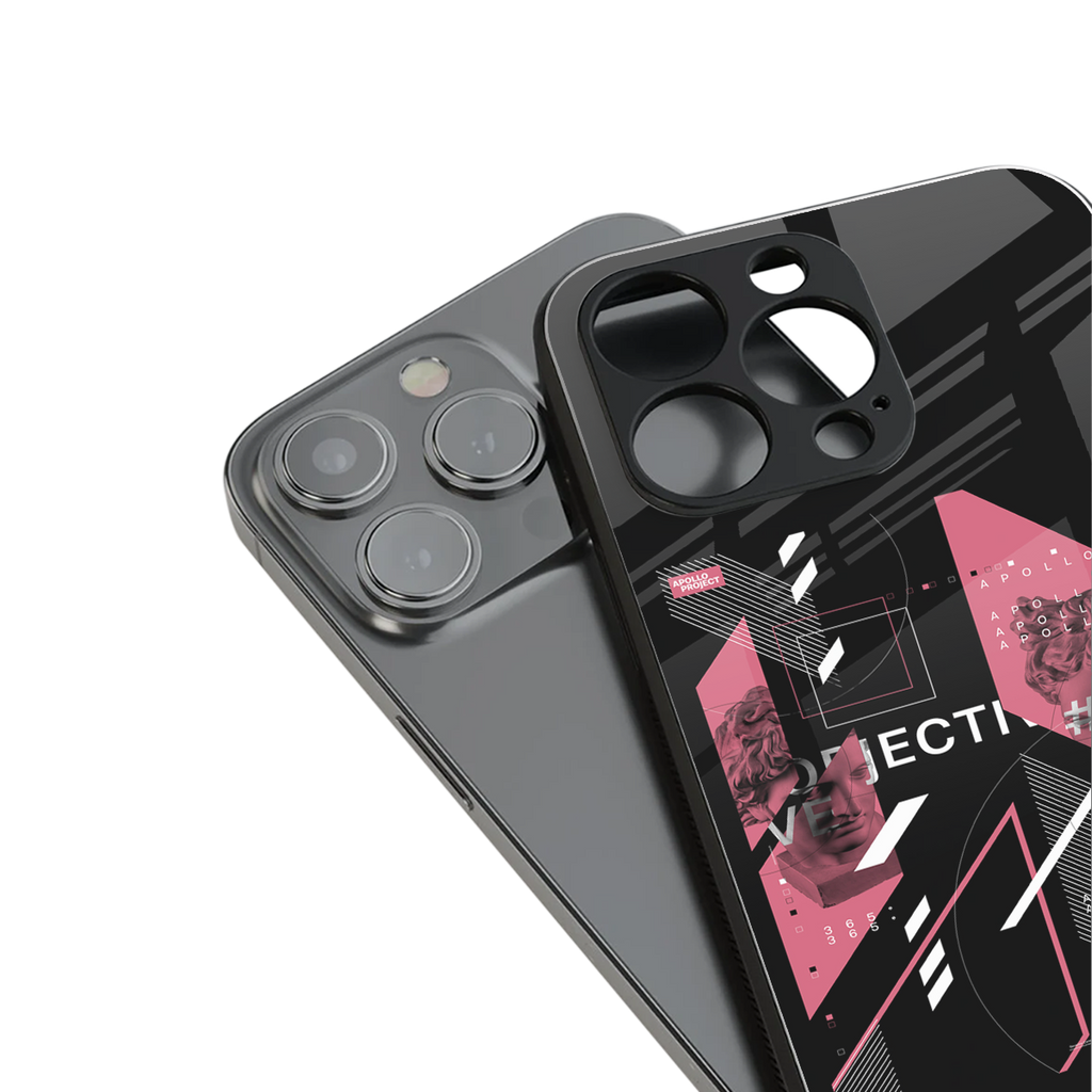 apollo project aesthetic pink and black back phone cover | glass case for iphone 15 plus