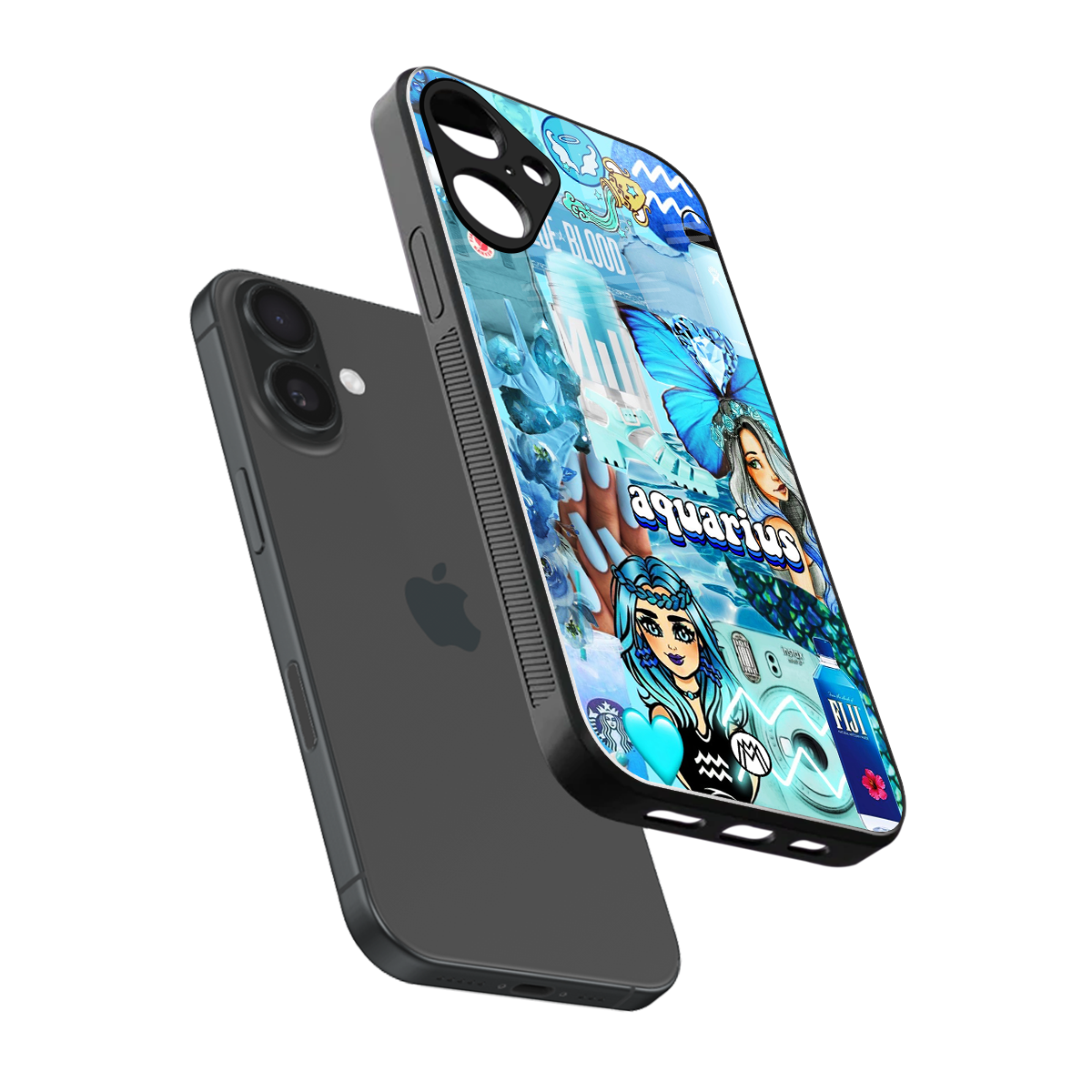 aquarius aesthetic collage back phone cover | glass case for iphone 16 plus