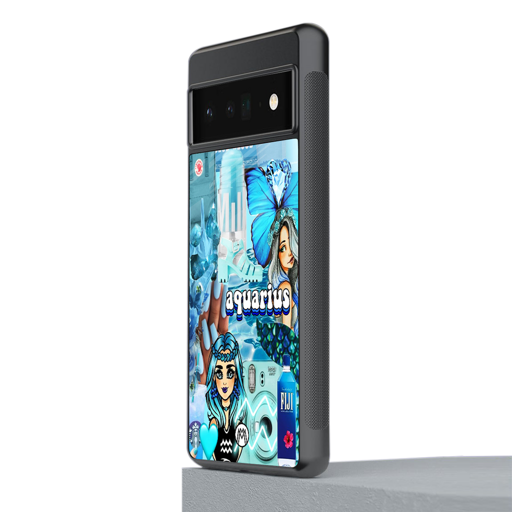 aquarius aesthetic collage back phone cover | glass case for google pixel 6 pro