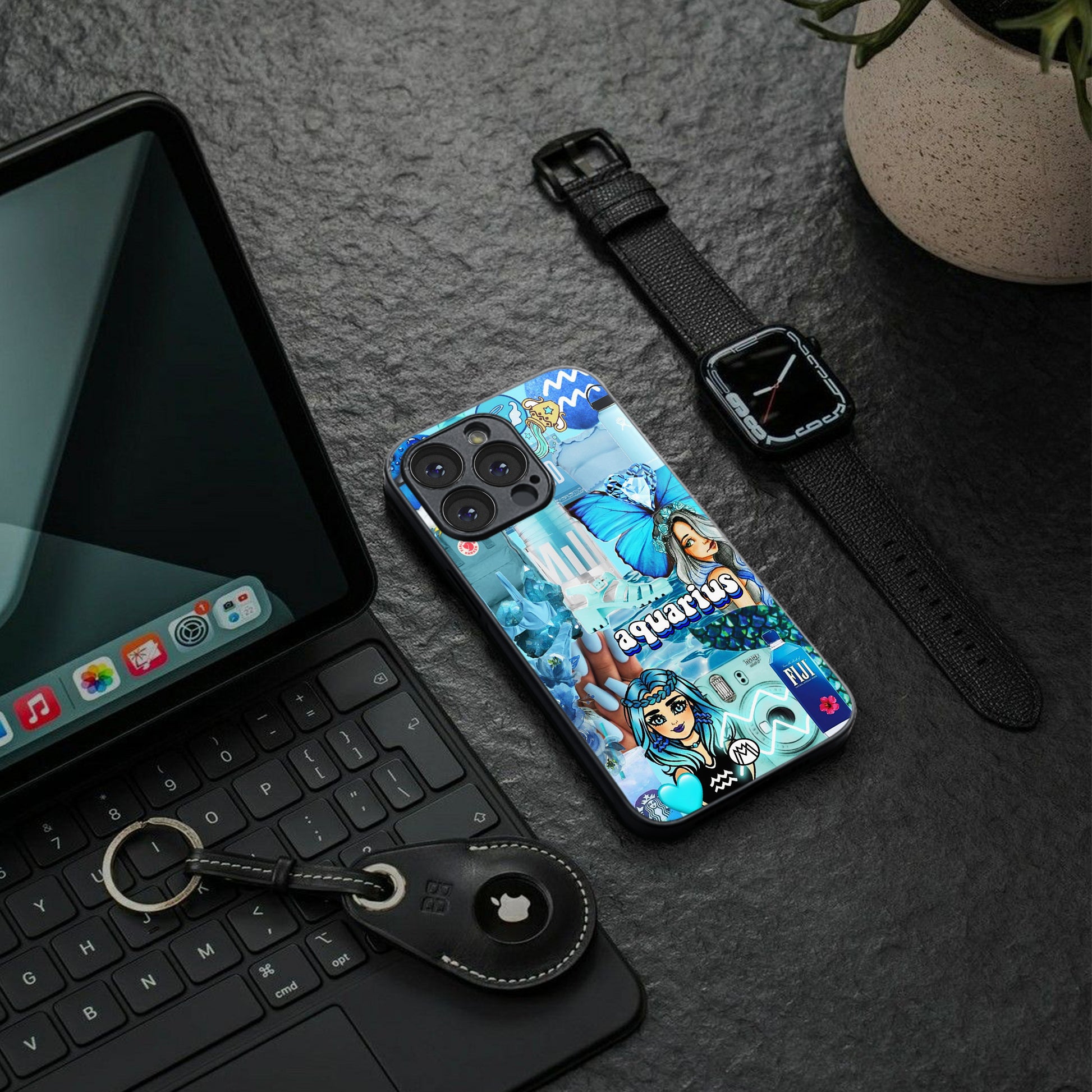 aquarius aesthetic collage back phone cover | glass case for iphone 16 pro