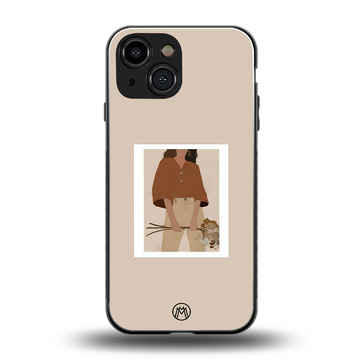 beige brown young lady art back phone cover | glass case for iphone 13 mini
