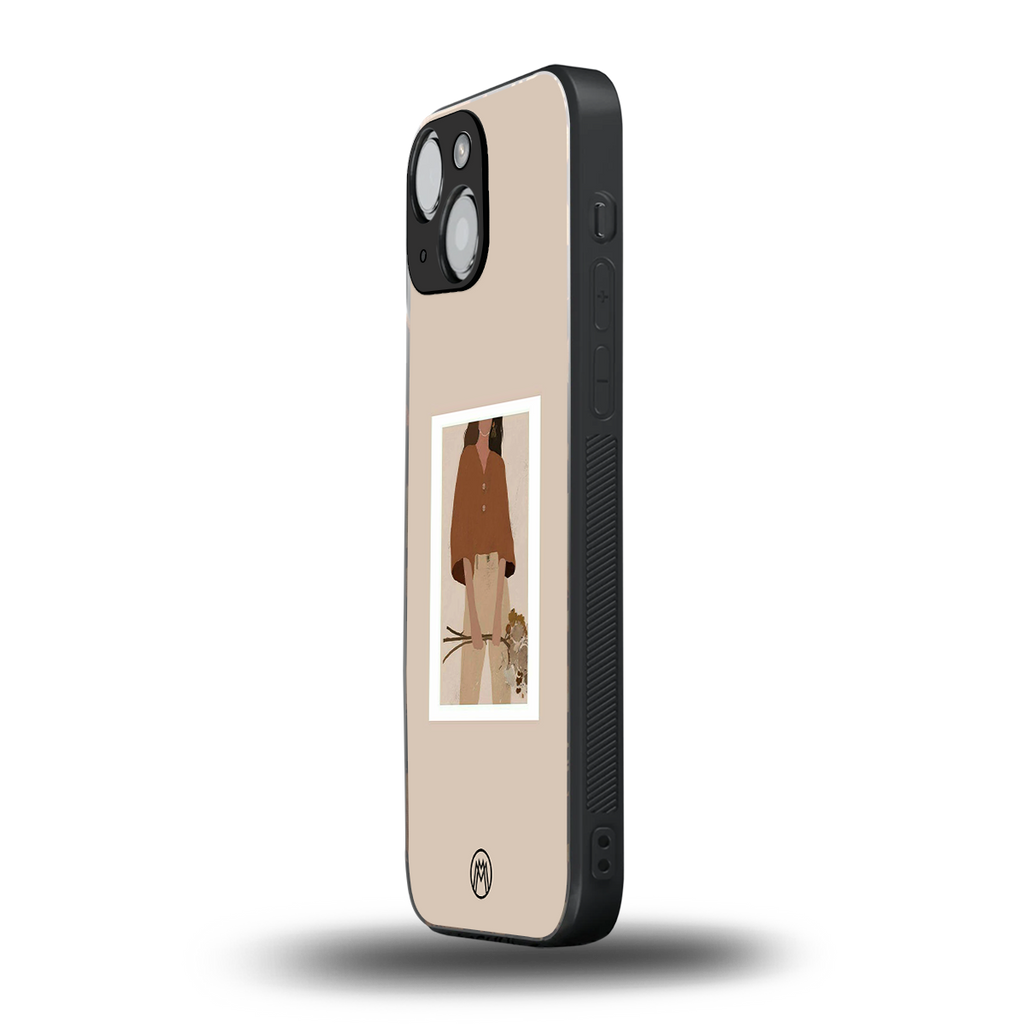 beige brown young lady art back phone cover | glass case for iphone 13 mini
