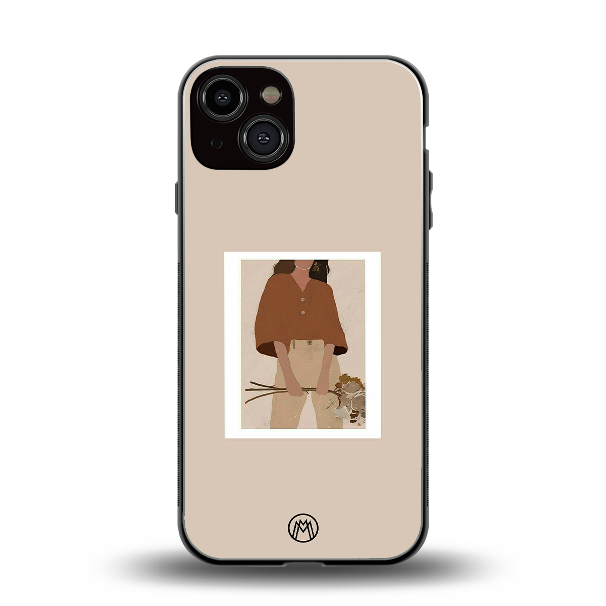 beige brown young lady art back phone cover | glass case for iphone 13