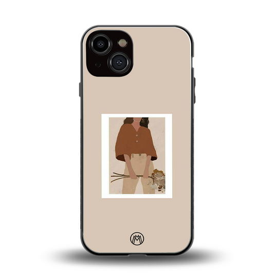 beige brown young lady art back phone cover | glass case for iphone 13