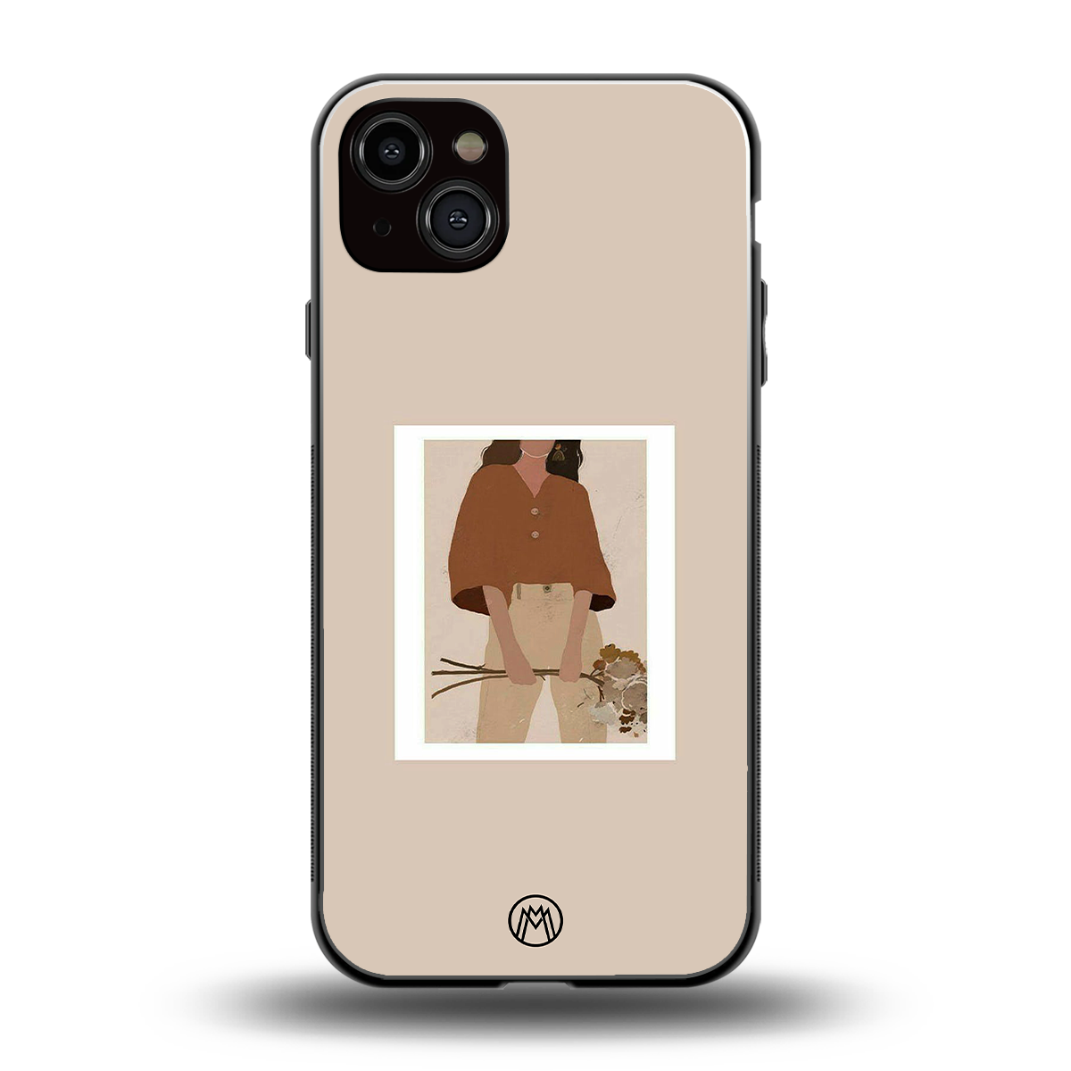 beige brown young lady art back phone cover | glass case for iphone 15 plus